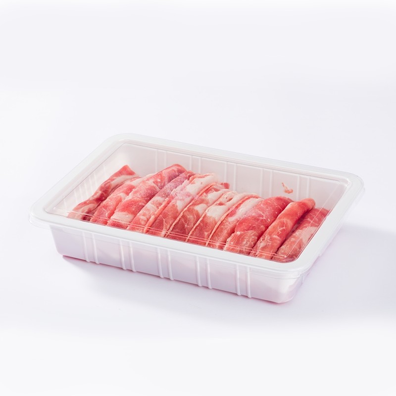 XGL-3118 Contenedor para rollos de carne congelada con tapa de PET transparente y base de PP resistente al frío de color blanco XGL-3118 Contenedor para rollos de carne congelada con tapa de PET transparente y base de PP resistente al frío de color blanco