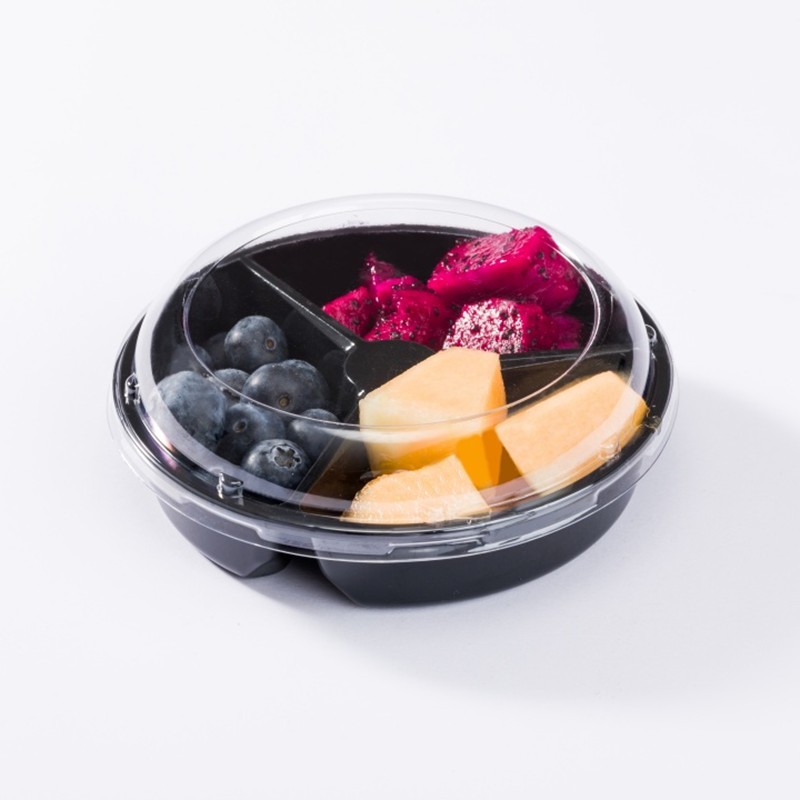 XGL-160 Contenedor redondo de frutas recién cortadas de PET negro de tres compartimentos con área de etiqueta y tapa transparente
