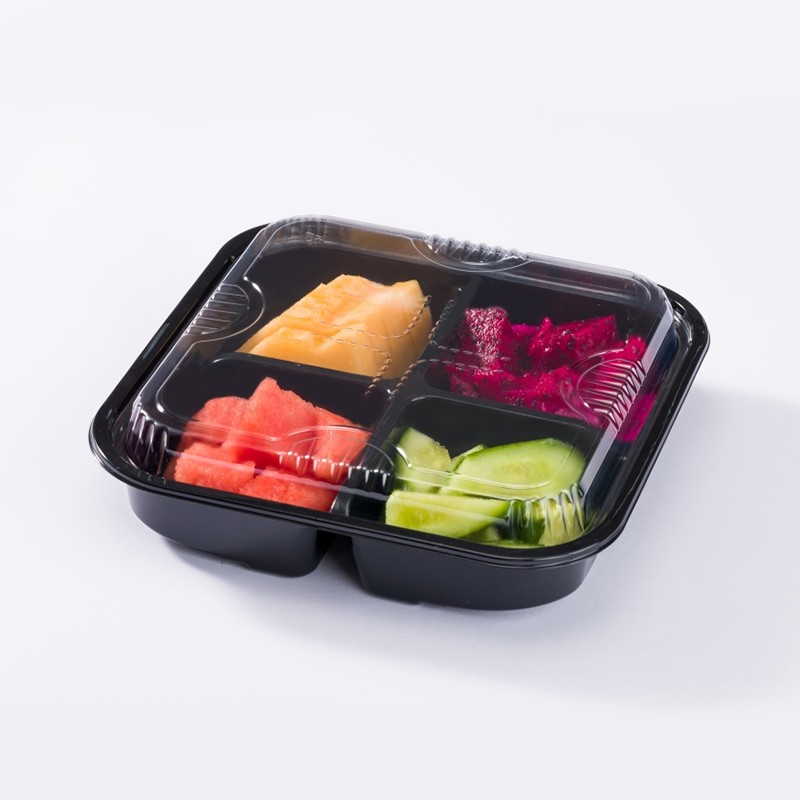 XGL-118B Contenedor cuadrado de fruta recién cortada de PET negro de cuatro compartimentos con tapa transparente