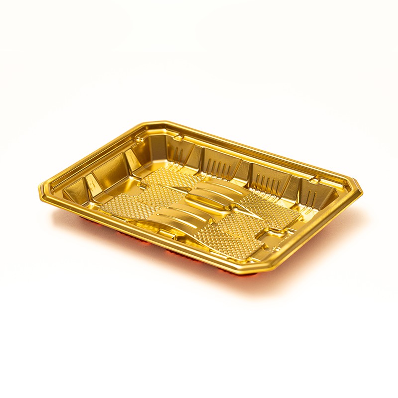 Bandeja poco profunda de PET dorada XGL-211625 con efecto de relleno de arco en la parte inferior y rejilla de base antideslizante